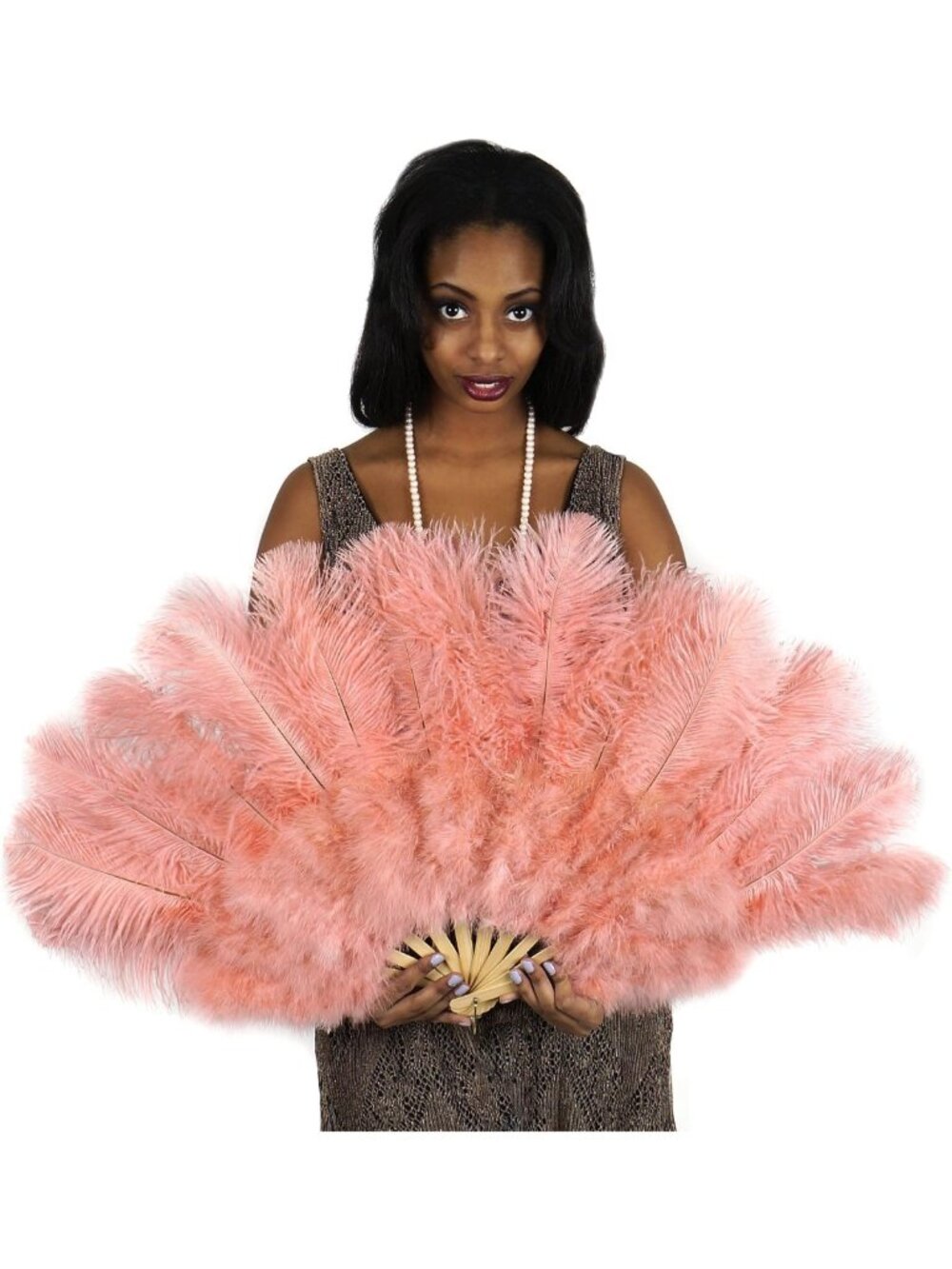 ZUCKER Large Apricot Blush Ostrich Feather Fan 20 x 36 in Burlesque Costume